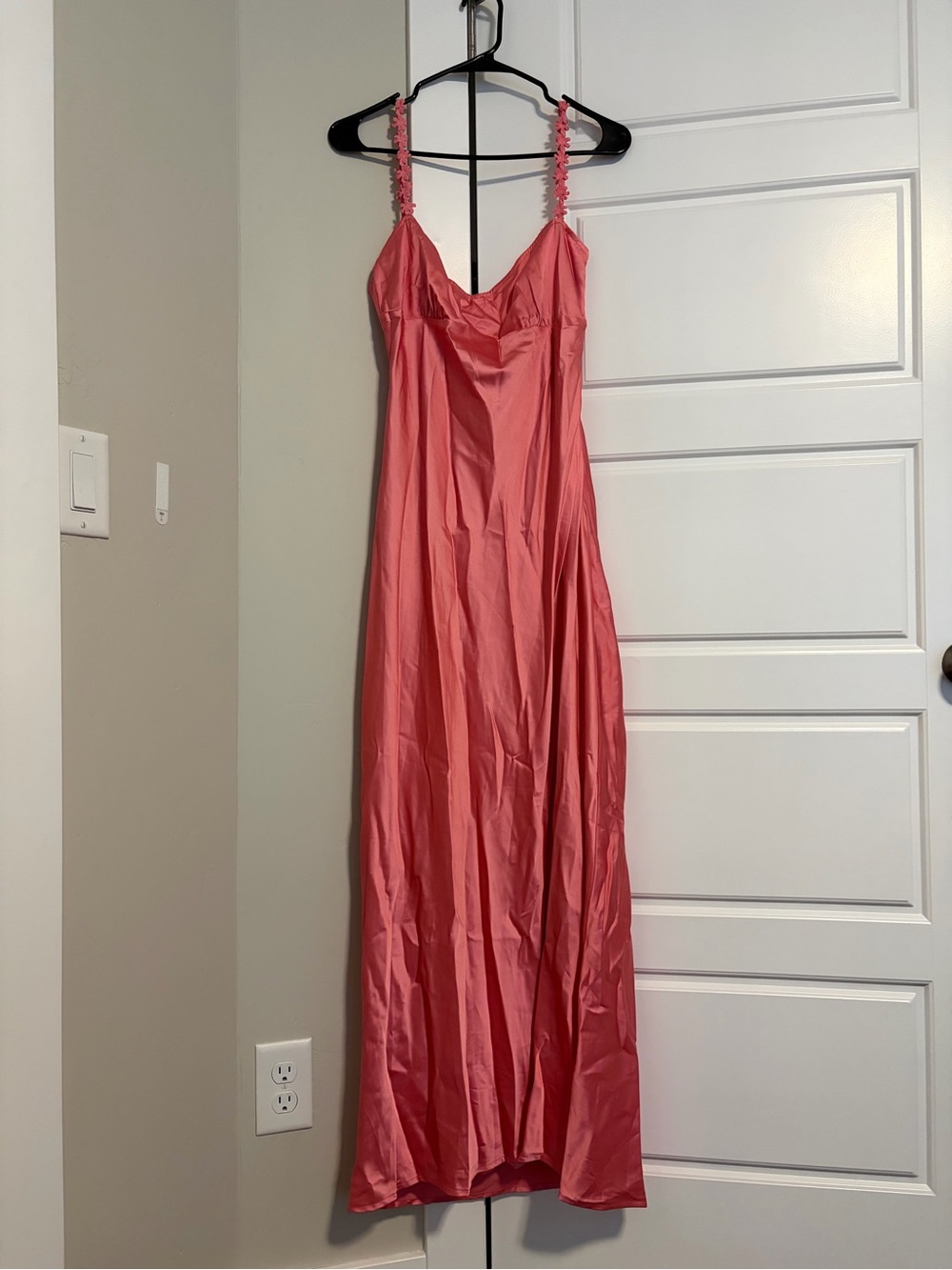 Beginning Boutique Coral Pink Satin Maxi Slip Dress with Floral Straps